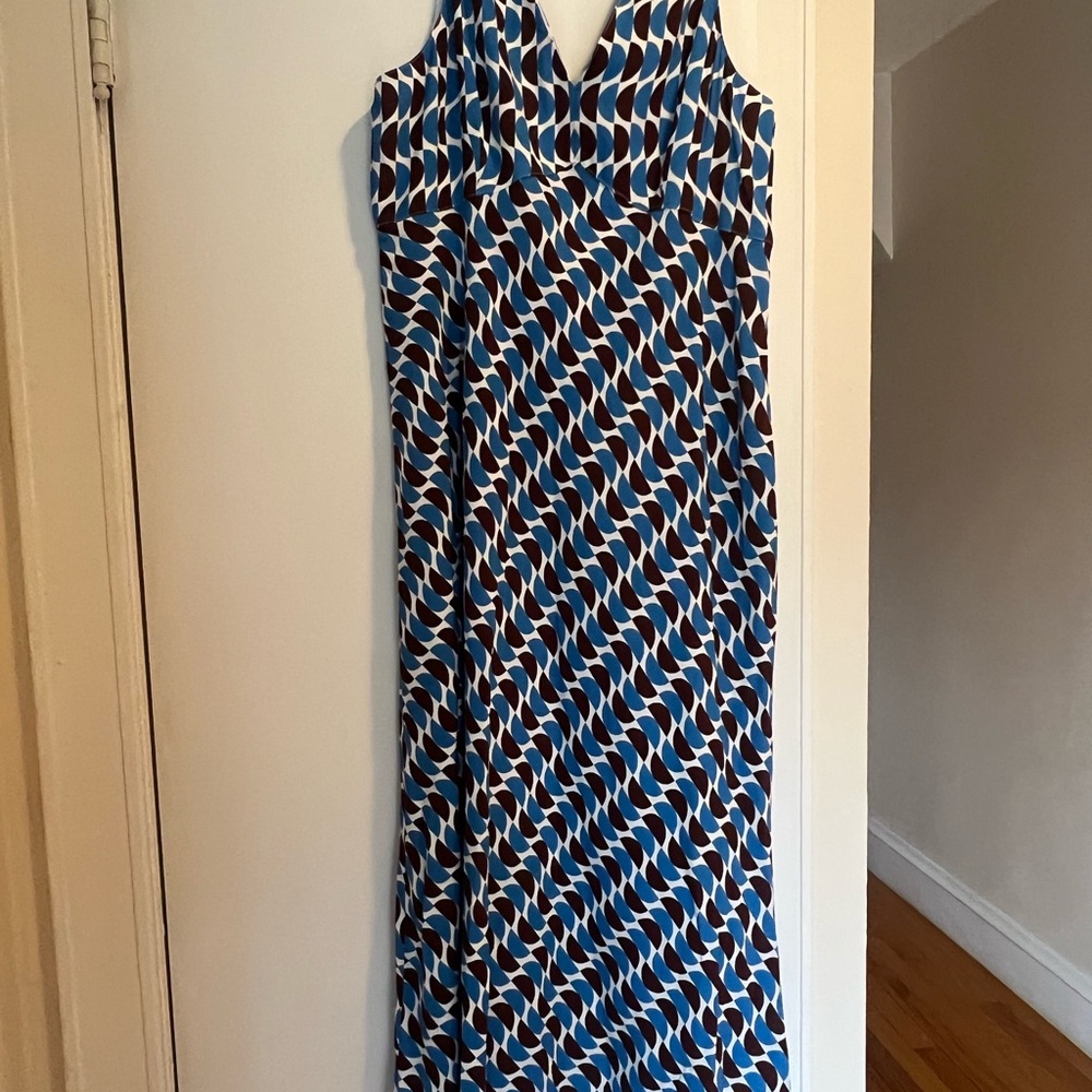 Blue and White Sheath Dress with Square Neck